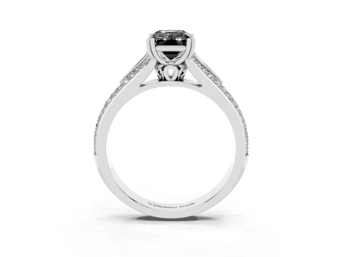 Fancy Black Emerald Cut Diamond Split Shank Engagement Ring with Pavé Band Silver