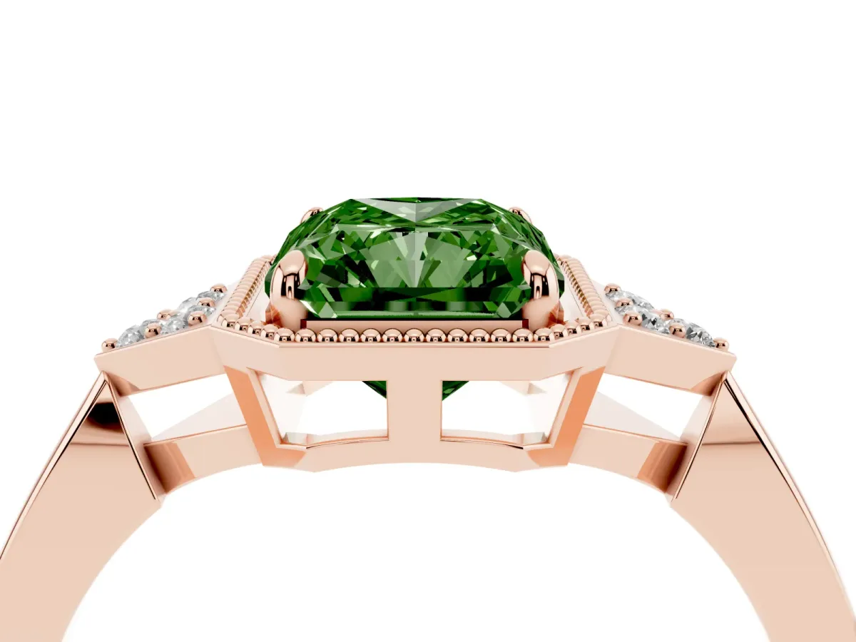 Fancy Green Radiant Cut Diamond Halo Ring with Tapered Band and Four-Prong Setting Rose gold