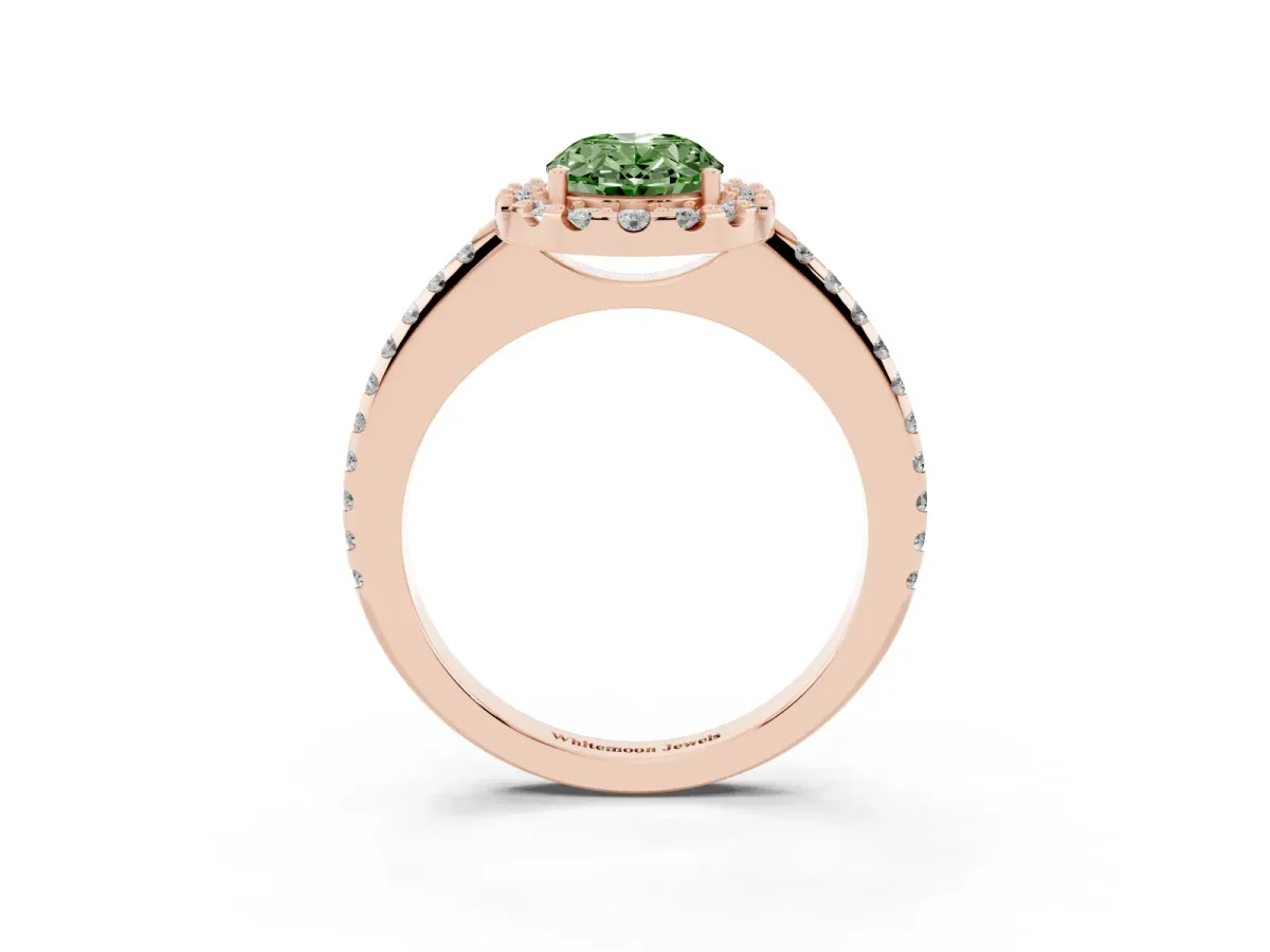 Fancy Green Oval Cut Diamond Pavé Halo Ring with Four-Prong Setting Rose gold