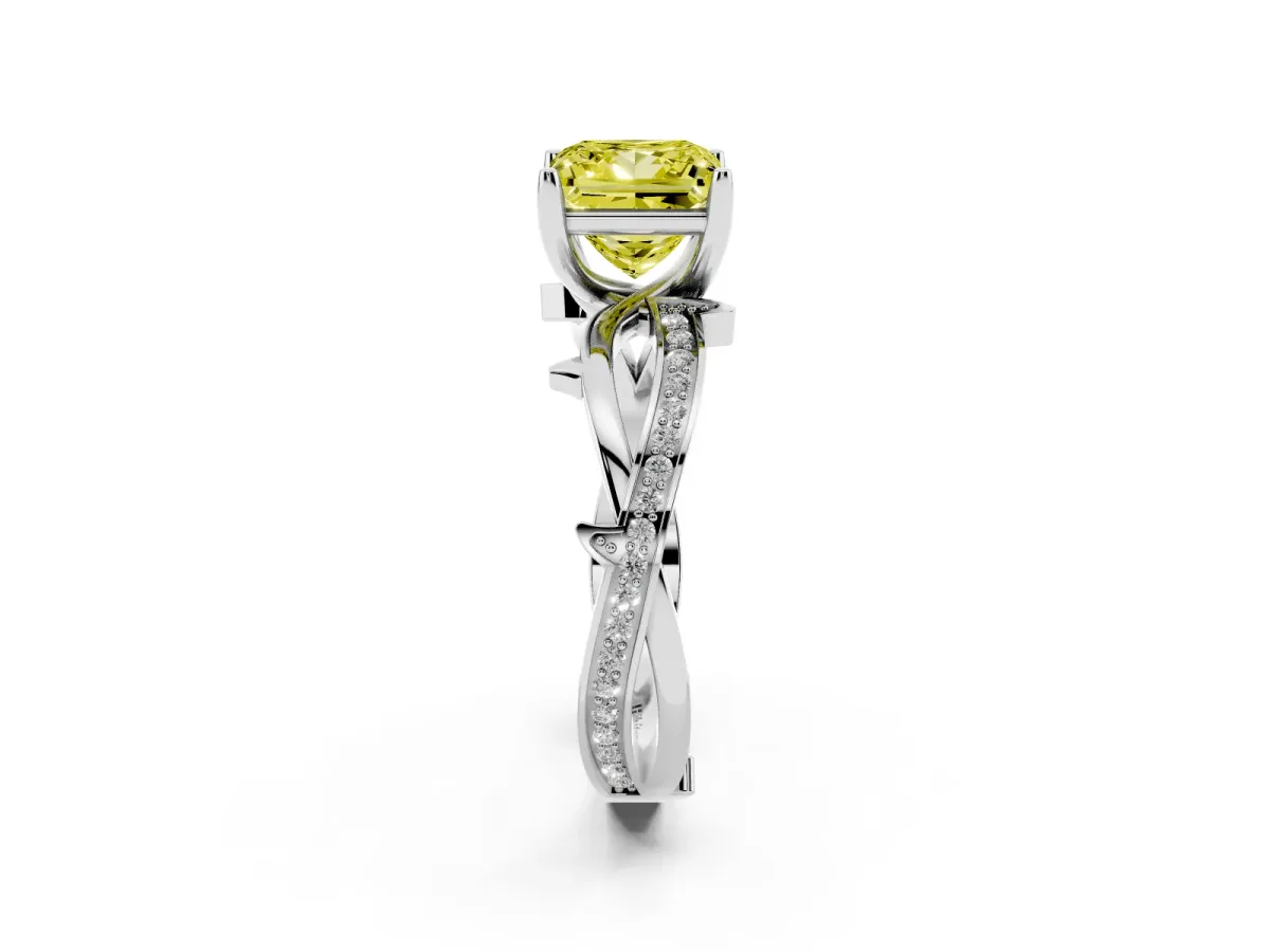 Fancy Yellow Princess Cut Solitaire Twist Band with Pavé Accents and Four-Prong Setting Platinum