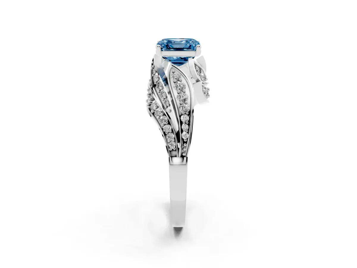 Fancy Blue Asscher Cut Diamond Solitaire Ring with Prong Setting and Twisted Pavé Band Silver
