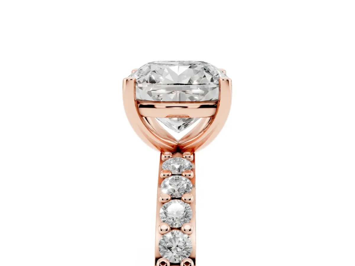 Cushion Cut Cut Diamond Solitaire with Pave Band and Four-Prong Setting Rose gold