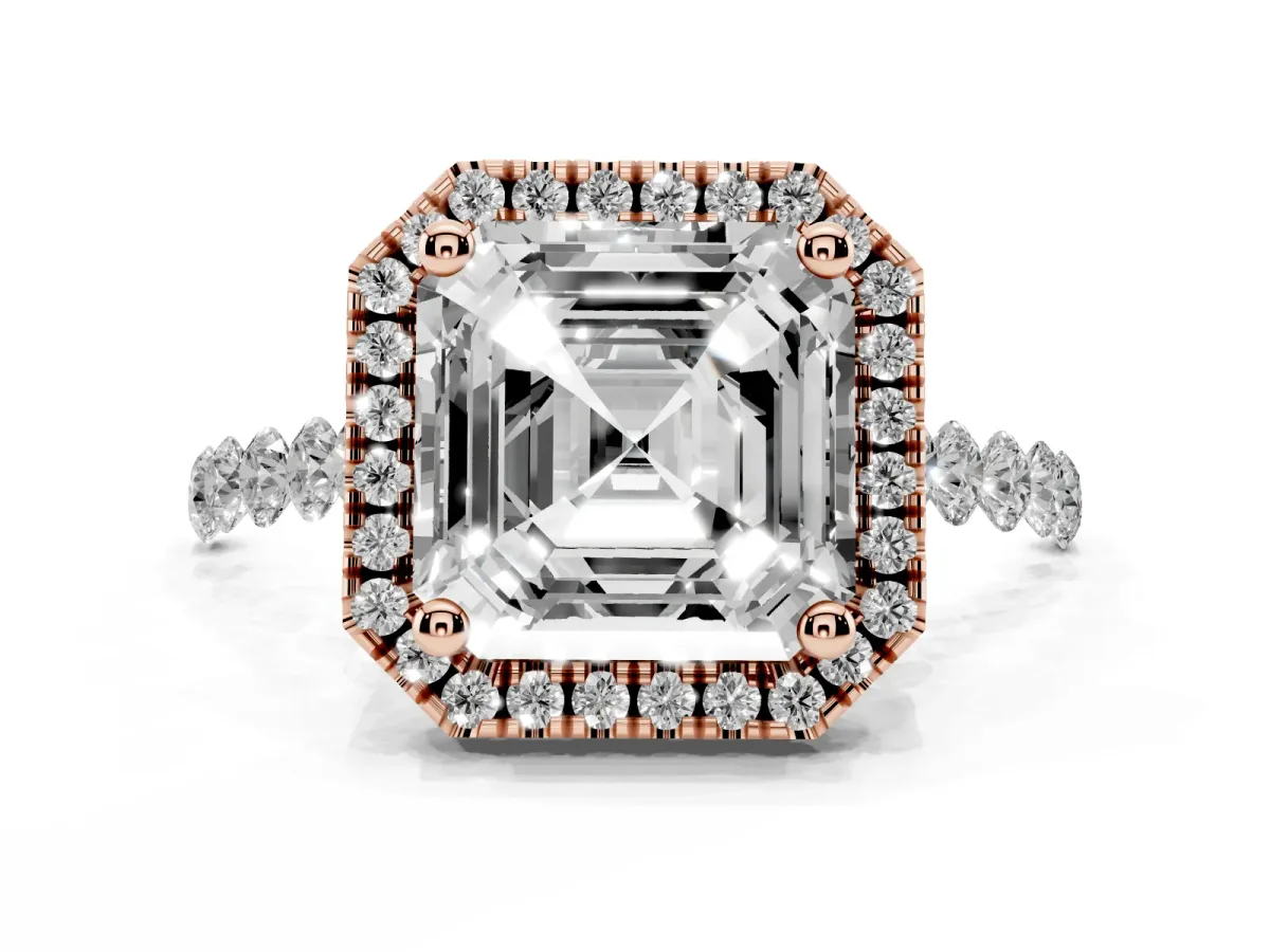 Asscher Cut Halo Pavé Diamond Engagement Ring with Four-Prong Setting Rose gold
