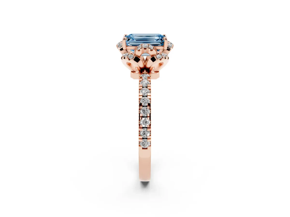 Fancy Blue Emerald Cut Diamond Halo Pave Band with Four-Prong Setting Rose gold