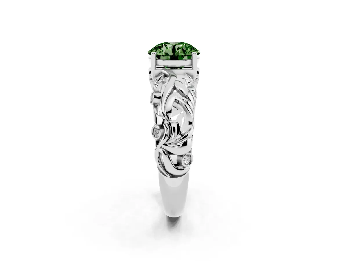 Fancy Green Round Cut Solitaire Diamond Leaf-Inspired Vine Band Ring with Prong Setting Platinum