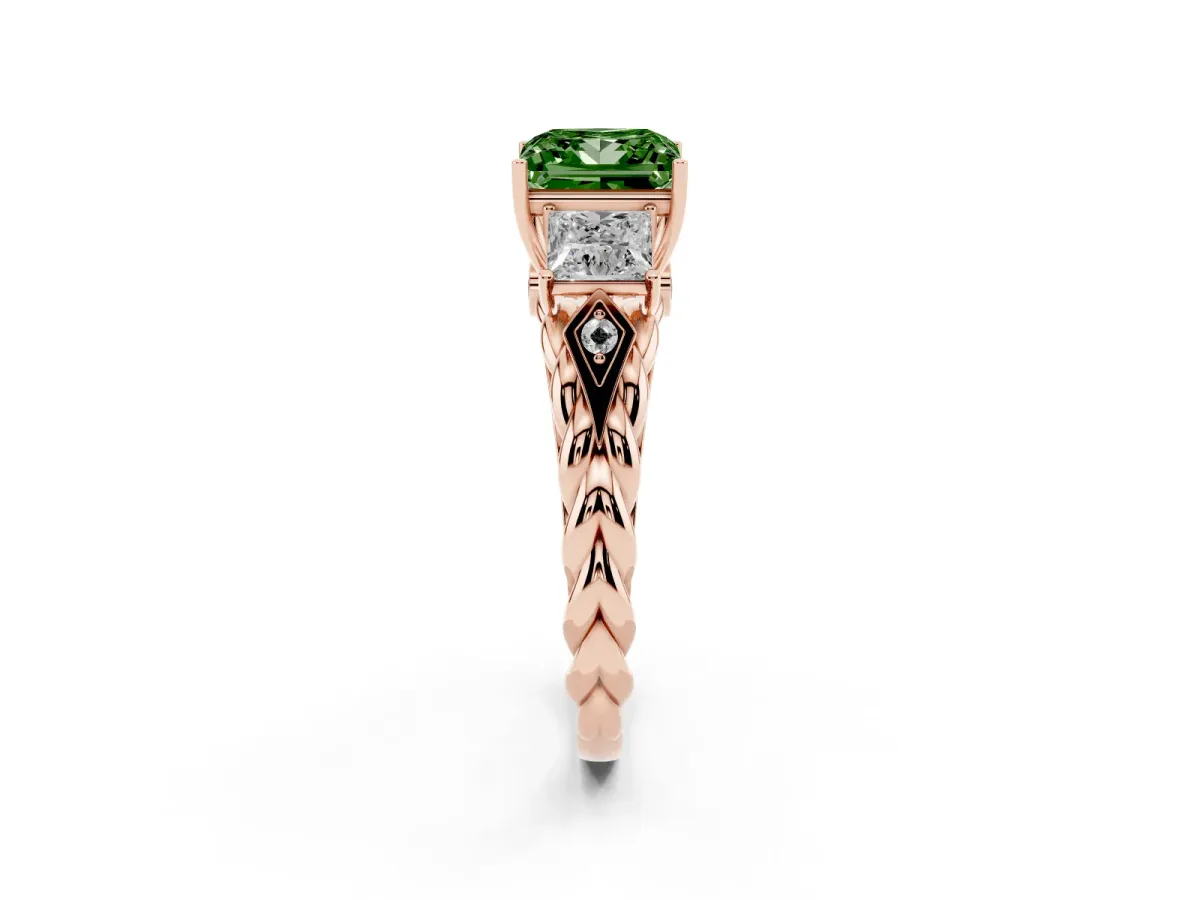 Fancy Green Three-Stone Princess Cut Diamond Braided Band Ring with Four-Prong Setting Rose gold