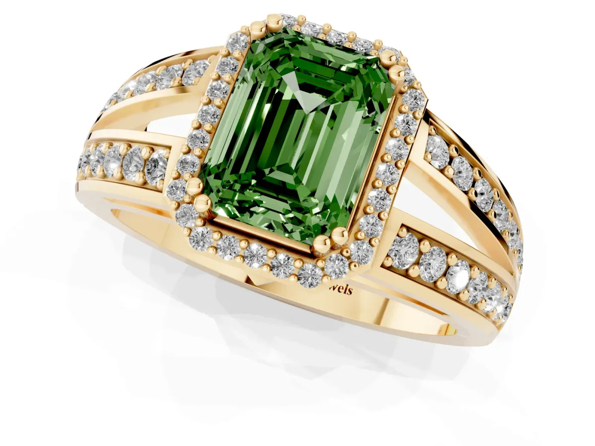 Fancy Green Emerald Cut Diamond Halo Ring with Split Shank Pavé Band and Four-Prong Setting Yellow gold
