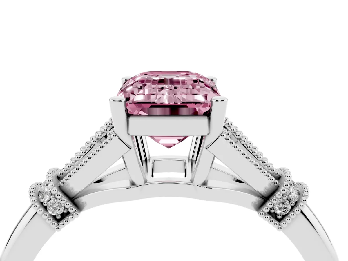 Fancy Pink Emerald Cut Diamond Solitaire Ring with Floral Filigree and Pave Accents White gold