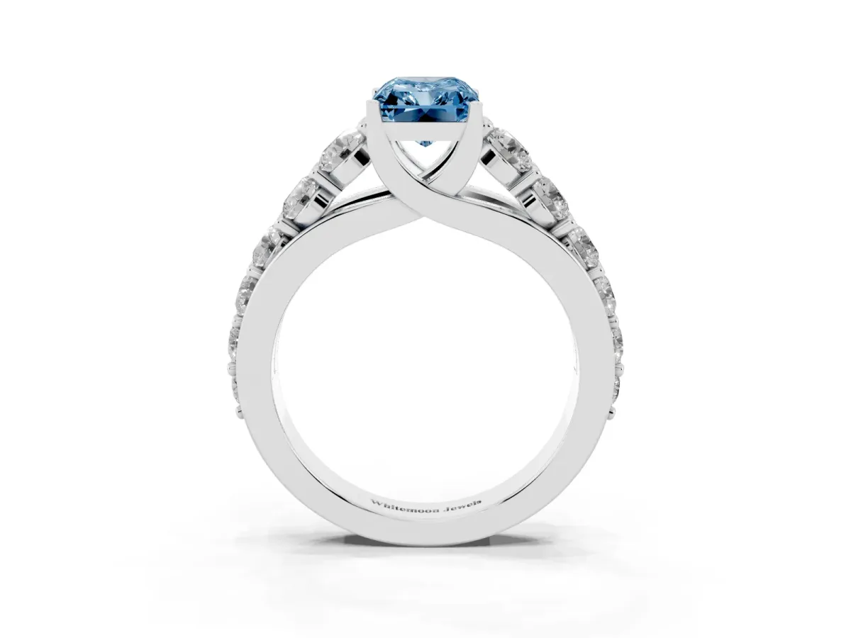 Fancy Blue Radiant Cut Diamond Engagement Ring with Pavé Band and Four-Prong Setting Silver
