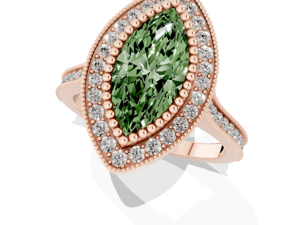 Fancy Green Marquise Cut Diamond Halo Ring with Milgrain Frame and Pavé Band Rose gold