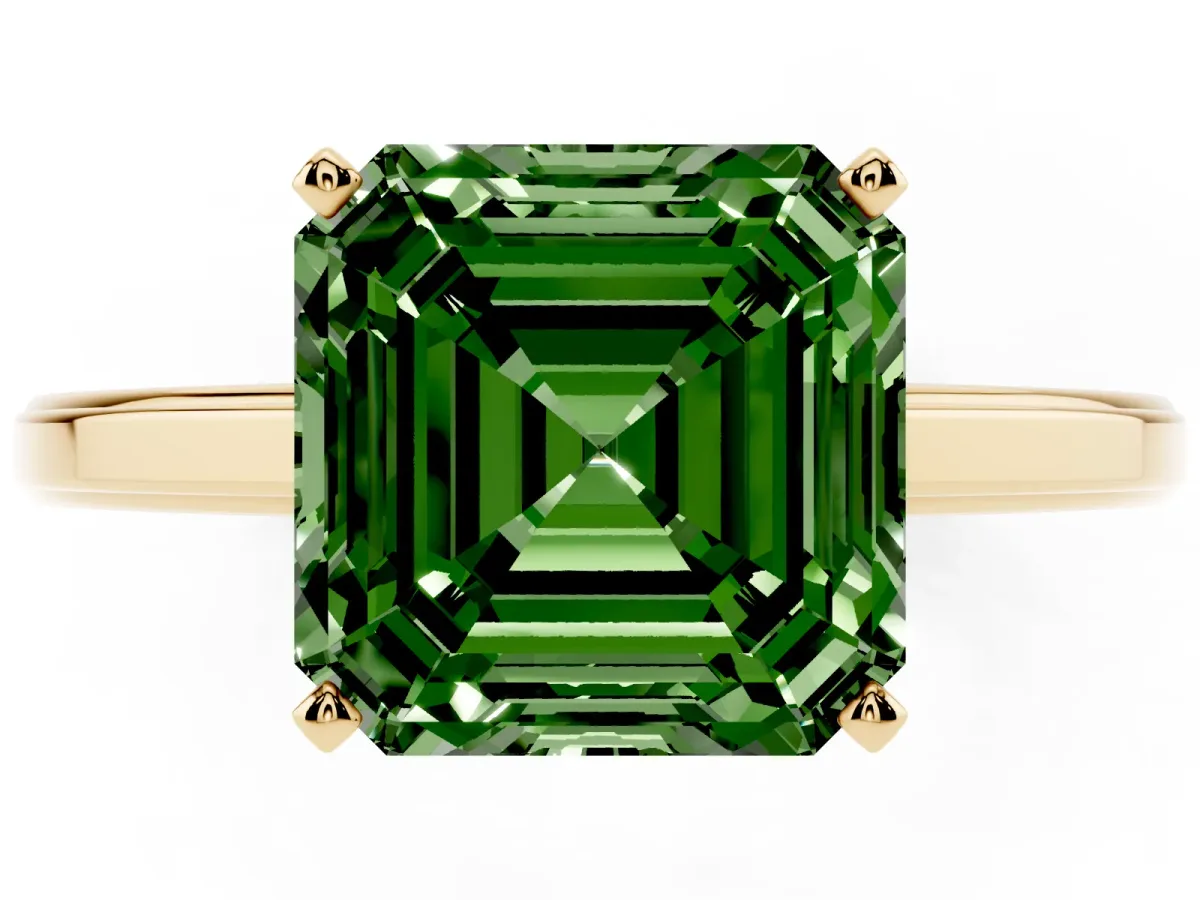 Fancy Green Asscher Cut Solitaire Diamond Ring with Four-Prong Setting and Classic Band Yellow gold