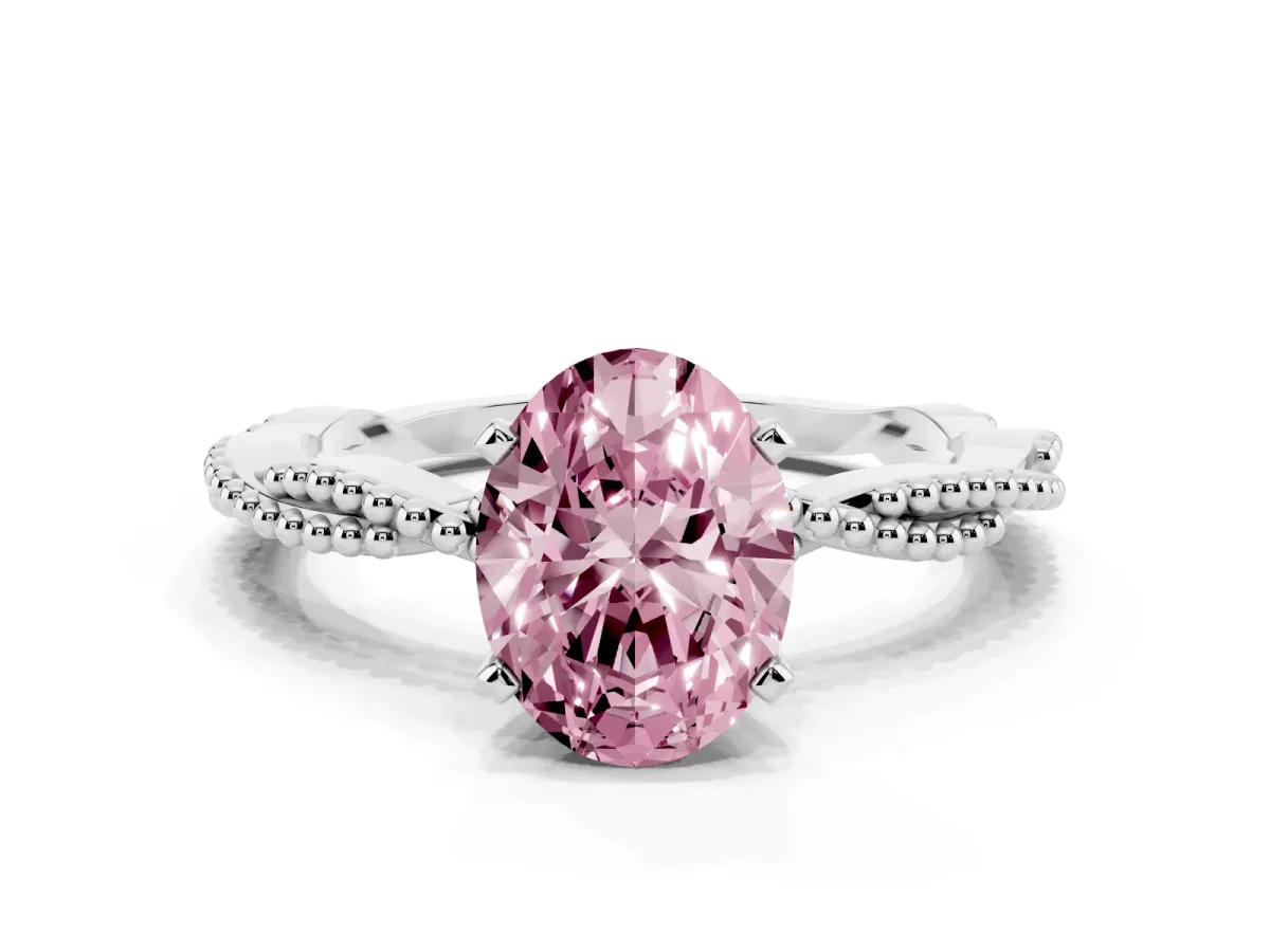 Fancy Pink Oval Cut Solitaire Twisted Band with Bead Prong Setting Silver