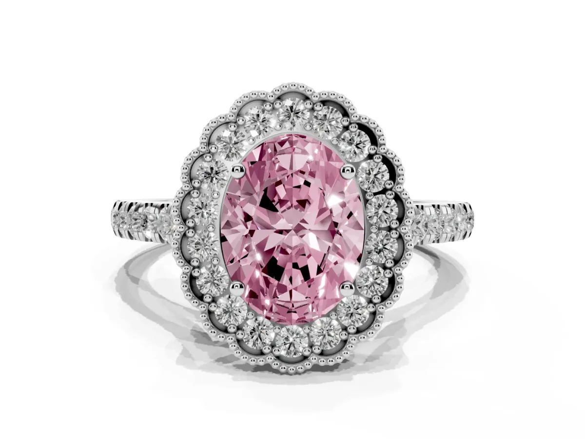 Fancy Pink Oval Cut Cut Diamond Milgrain Floral Halo Engagement Ring with Pavé Band Silver