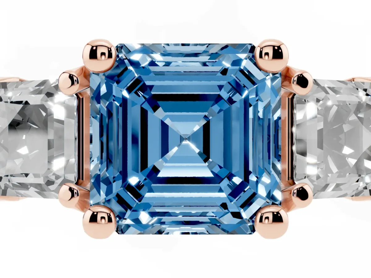 Fancy Blue Asscher Cut Diamond Three-Stone Ring with Channel Set Band and Four-Prong Setting Rose gold