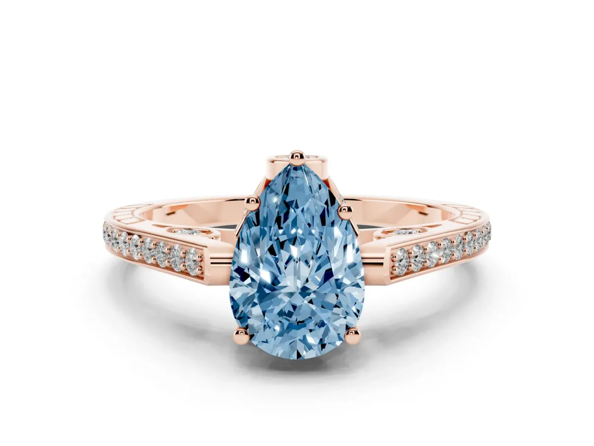 Fancy Blue Pear Cut Cut Cathedral Pave Diamond Engagement Ring with Six-Prong Setting Rose gold