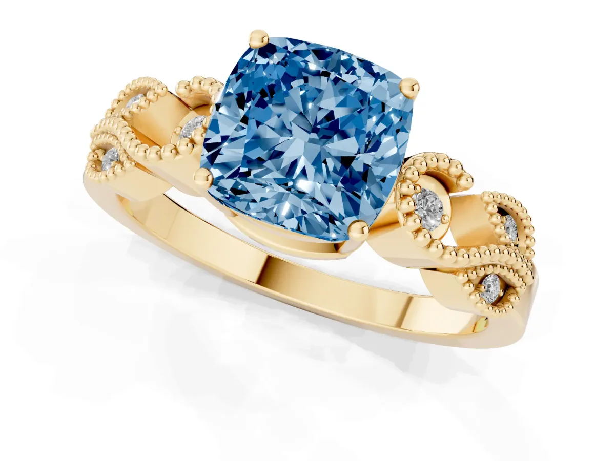 Fancy Blue Cushion Cut Solitaire Milgrain Leaf Band with Prong Setting Yellow gold