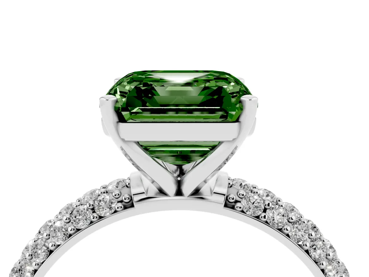 Fancy Green Asscher Cut Diamond Solitaire Ring with Prong Setting and Pavé Band Silver