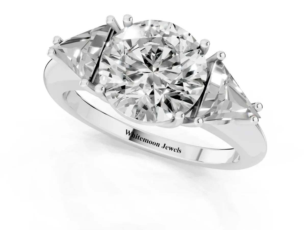 Three-Stone Round Cut Diamond Engagement Ring with Trillion Side Stones and Prong Setting Silver