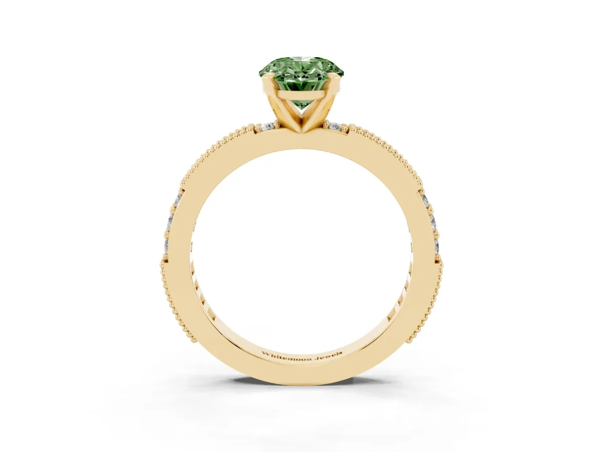 Fancy Green Oval Cut Solitaire with Pavé Band and Four-Prong Setting Yellow gold