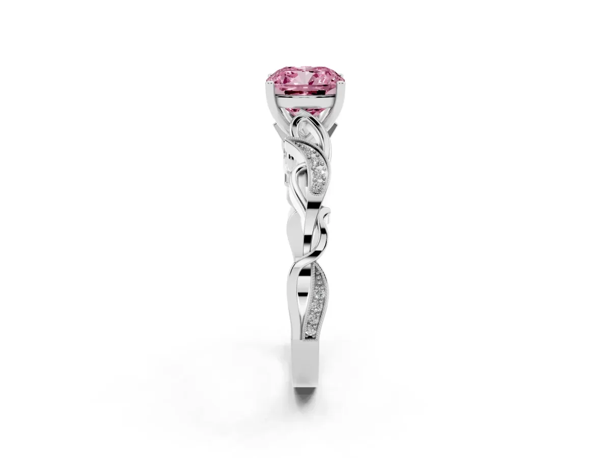 Fancy Pink Cushion Cut Solitaire Vine Band with Milgrain Prong Setting Silver