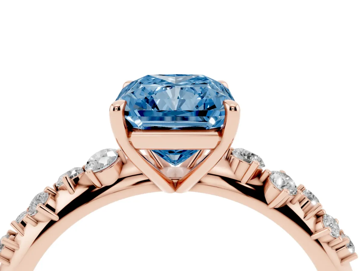 Fancy Blue Radiant Cut Diamond Cluster Side Stone Solitaire Ring with Prong Setting Rose gold
