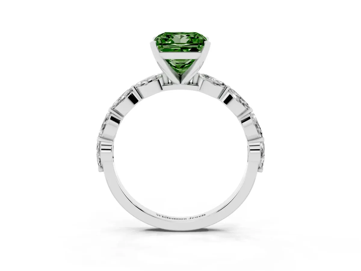 Fancy Green Princess Cut Diamond Ring with Marquise Side Stones and Prong Setting Platinum