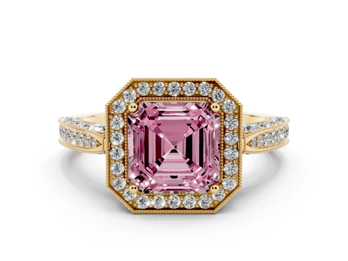 Fancy Pink Asscher Cut Halo Diamond Engagement Ring with Split Shank Band and Four-Prong Setting Yellow gold