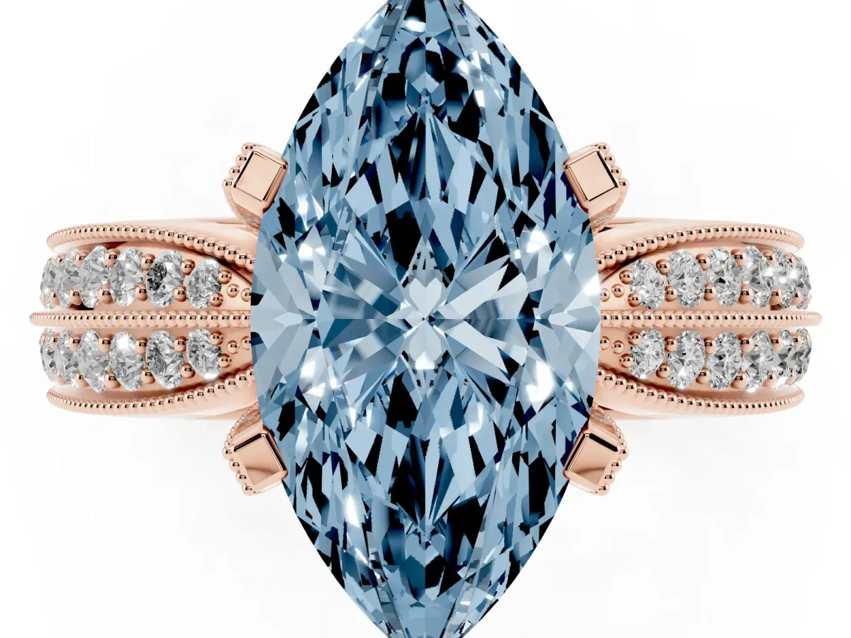 Fancy Blue Marquise Cut Diamond Solitaire Ring with Milgrain Round Pavé Band and Prong Setting Rose gold
