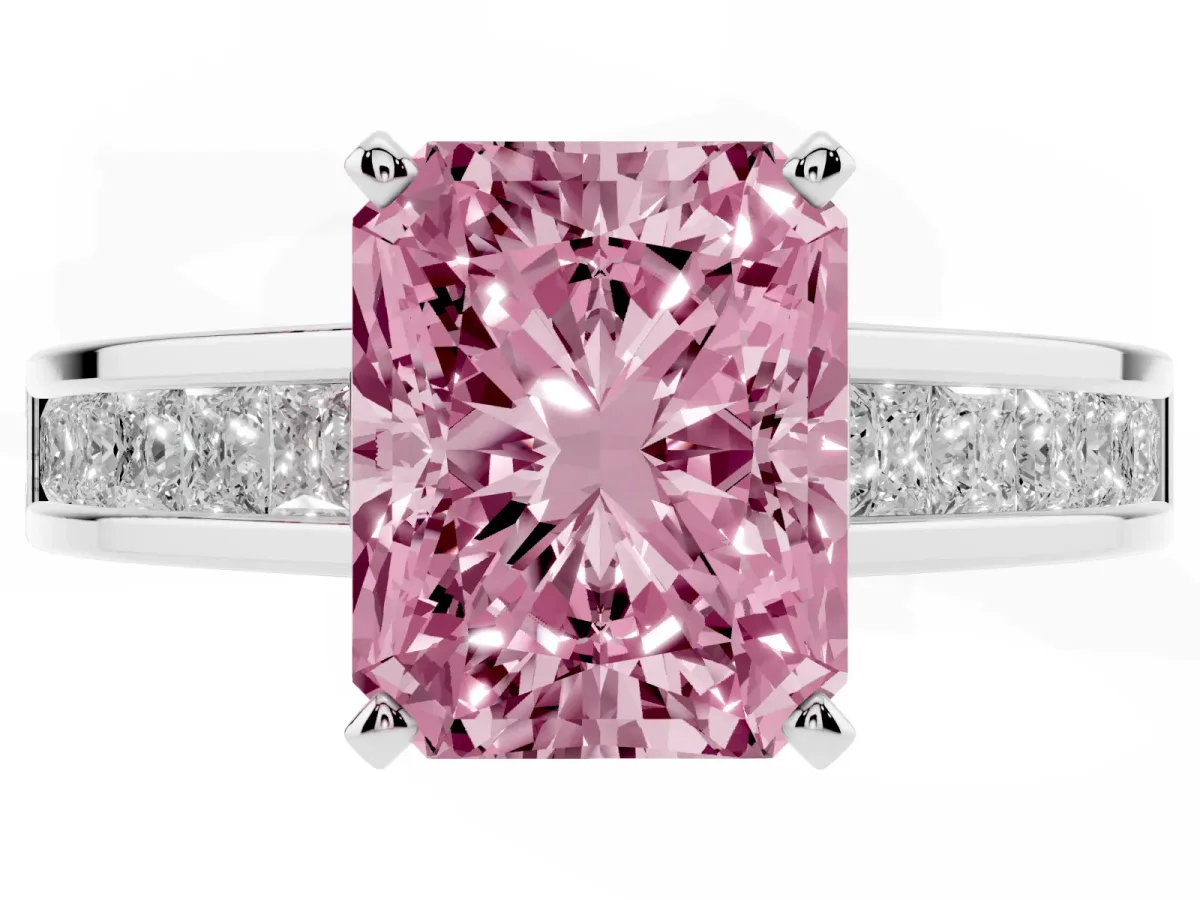 Fancy Pink Radiant Cut Solitaire Diamond Ring with Channel-Set Band and Four-Prong Setting Silver