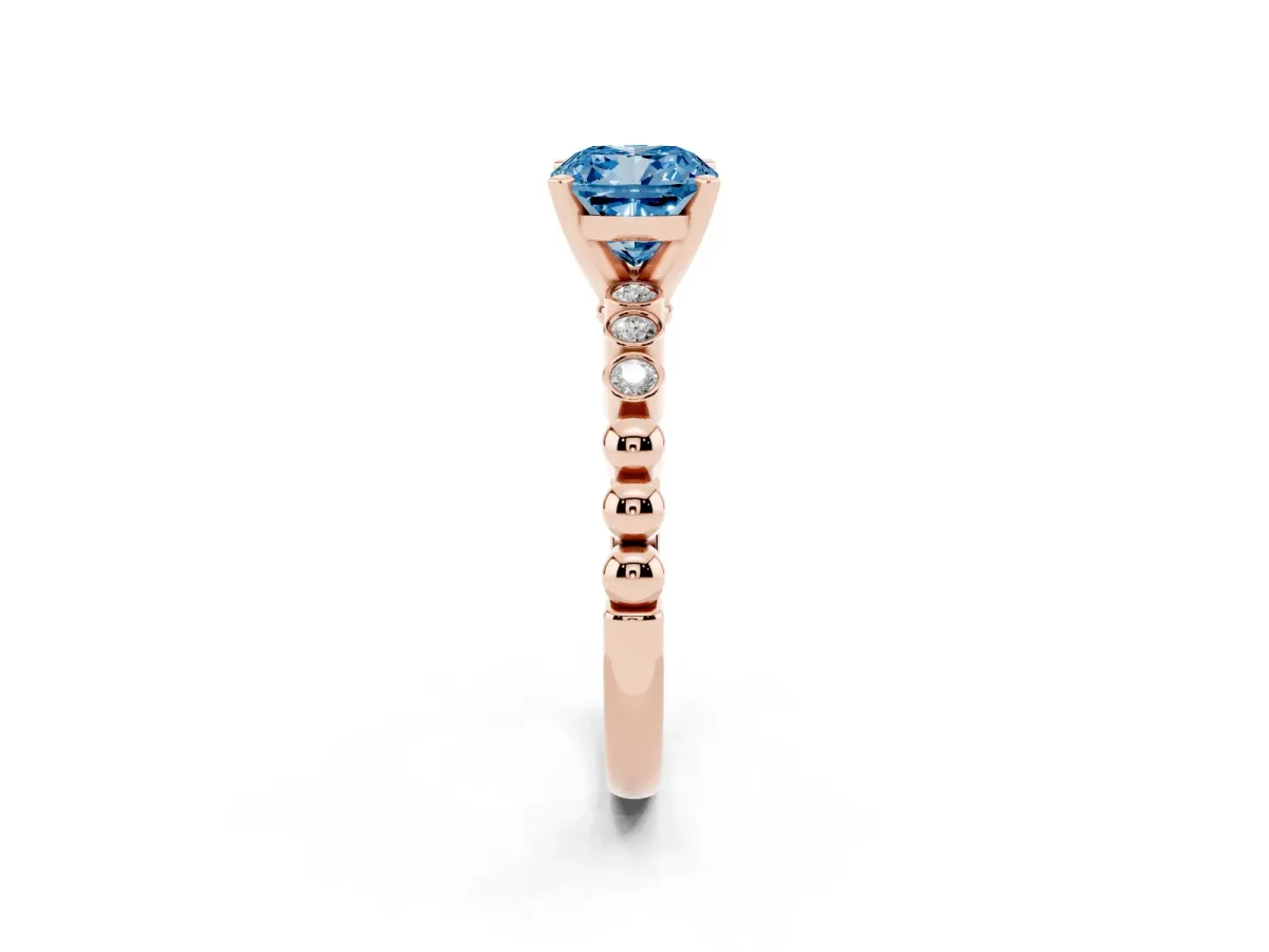 Fancy Blue Cushion Cut Solitaire Bezel Accent Diamond Engagement Ring with Beaded Band and Four-Prong Setting Rose gold
