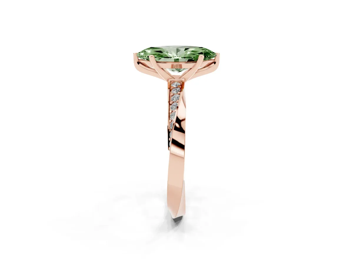 Fancy Green Marquise Cut Diamond Engagement Ring with Side Stone Accents and Four-Prong Setting Rose gold