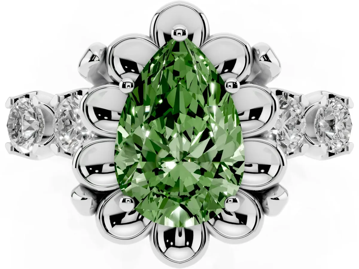 Fancy Green Pear Cut Cut Diamond Floral Halo Engagement Ring with Shared Prong Setting Silver