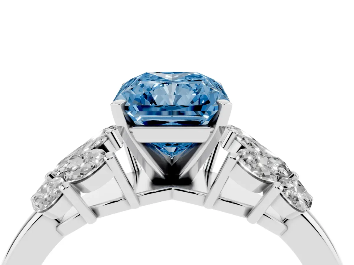 Fancy Blue Radiant Cut Diamond Cluster Leaf Design Ring with Prong Setting Silver