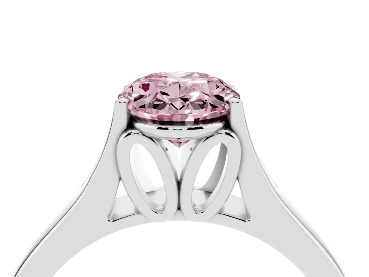 Fancy Pink Oval Cut Solitaire Diamond Ring with Cathedral Band and Four-Prong Setting Silver