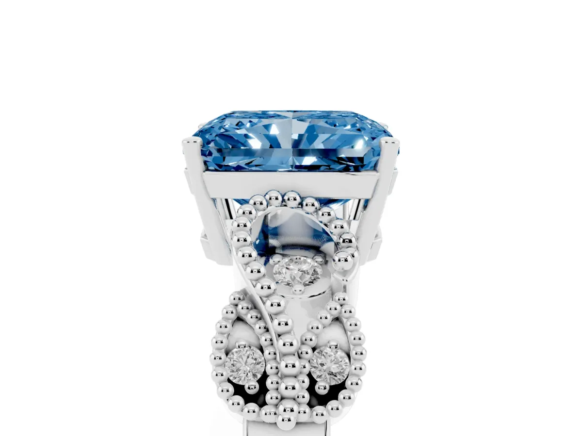 Fancy Blue Radiant Cut Solitaire Milgrain Leaf Band with Prong Setting White gold