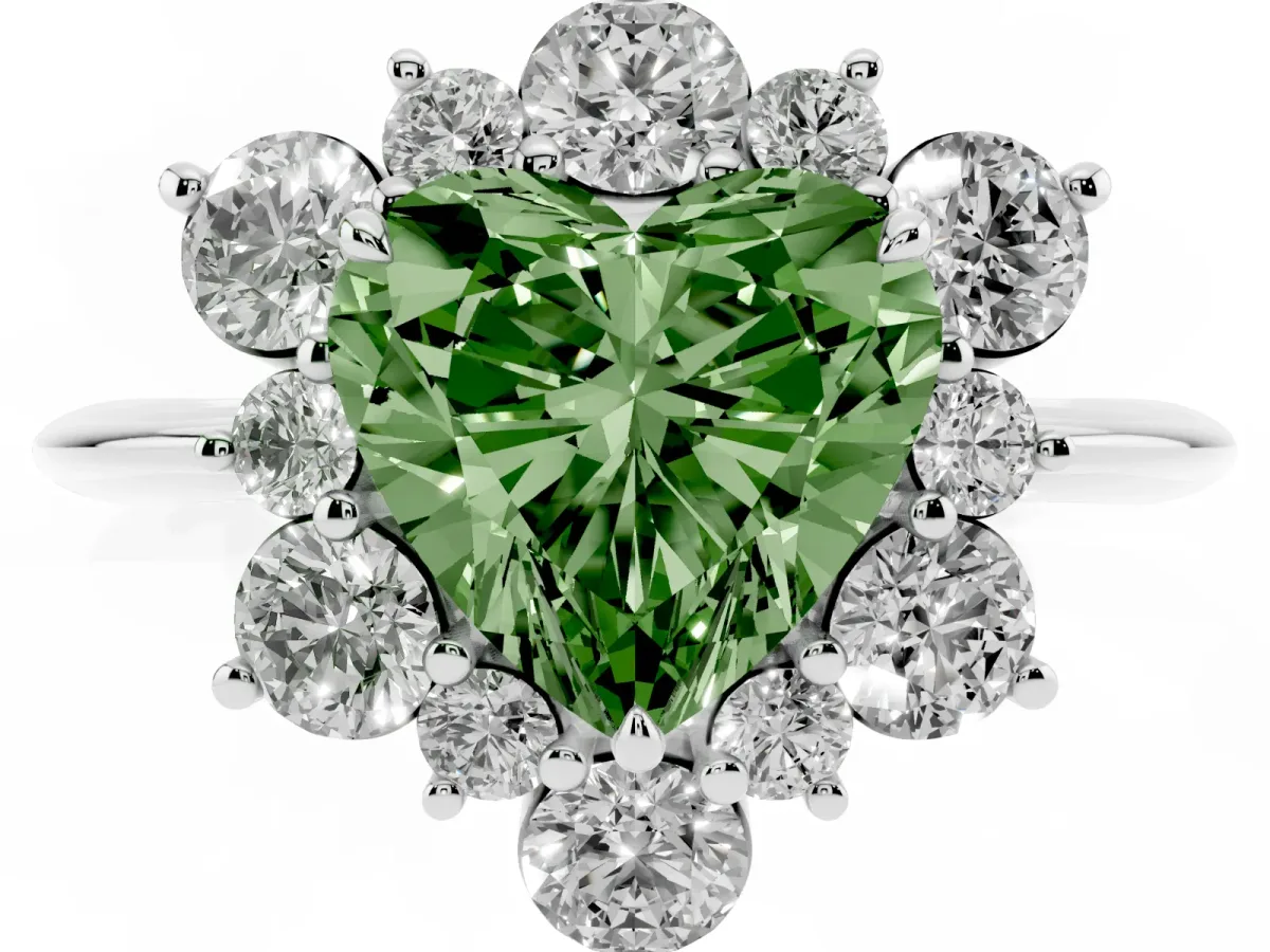 Fancy Green Heart Cut Diamond Cluster Halo Ring with Solitaire Band and Four-Prong Setting Platinum