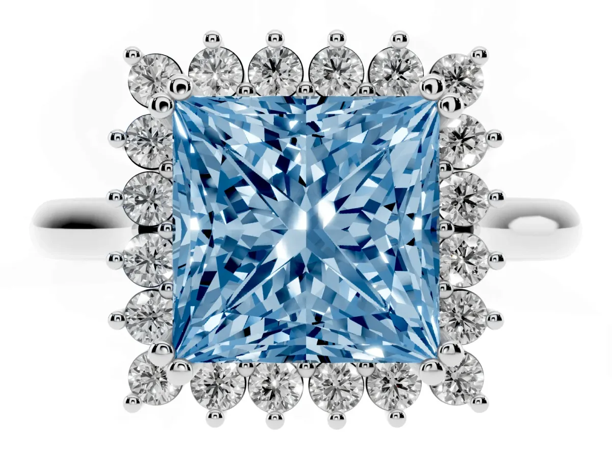 Fancy Blue Princess Cut Cut Diamond Halo Ring with Solitaire Band and Prong Setting White gold