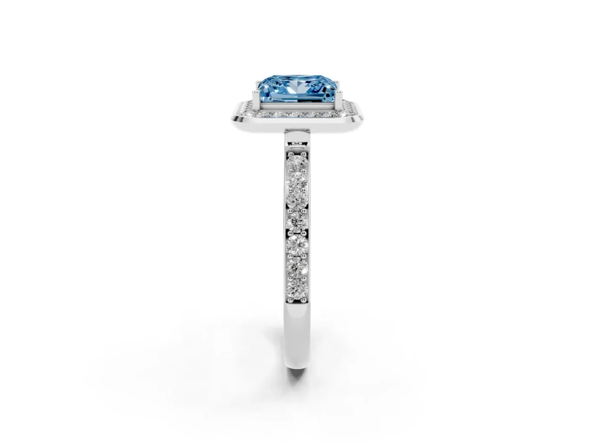 Fancy Blue Princess Cut Diamond Halo Ring with Bezel Frame and Pavé Band Silver