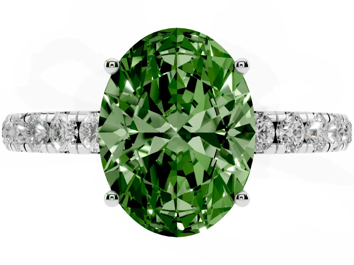 Fancy Green Oval Cut Diamond Pavé Solitaire Engagement Ring with Four-Prong Setting Platinum