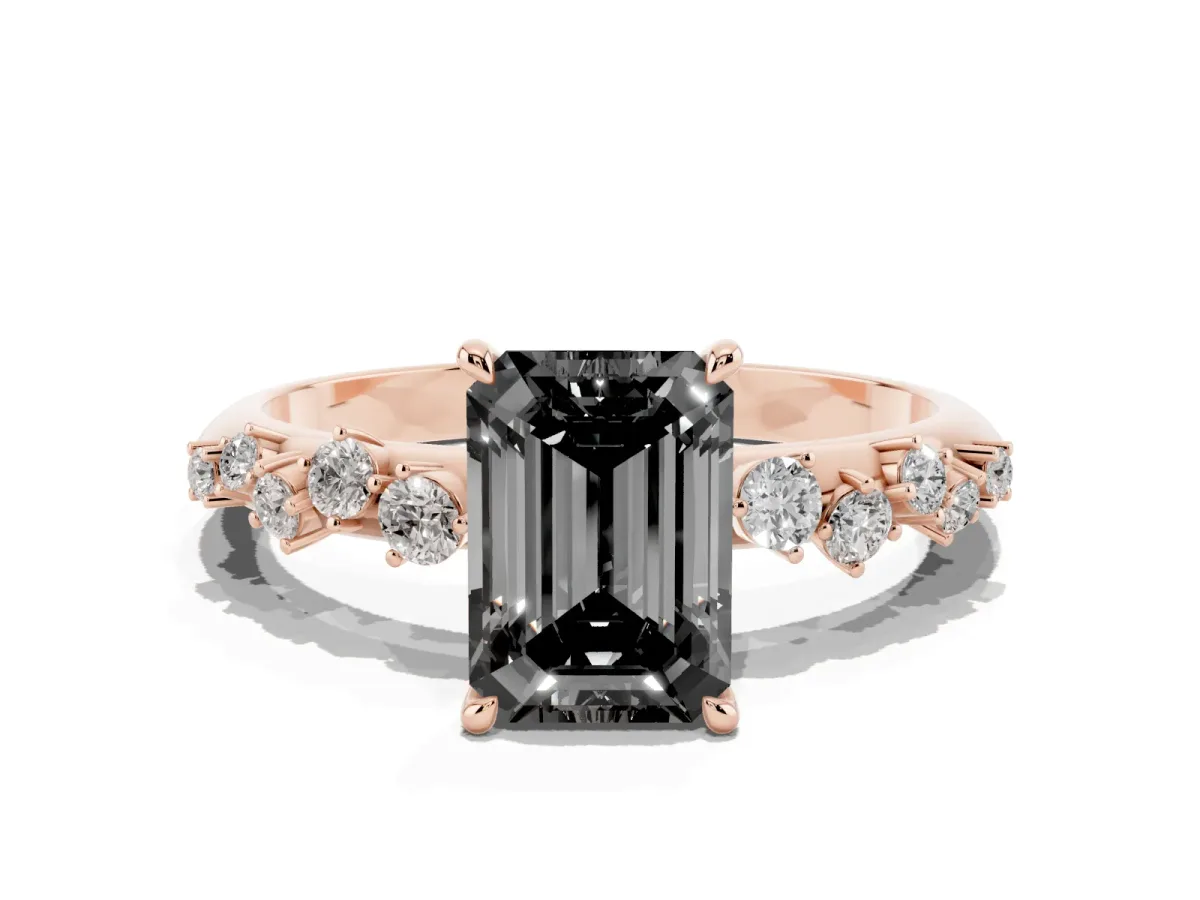 Fancy Black Emerald Cut Diamond Cluster Side Stone Solitaire Ring with Prong Setting Rose gold