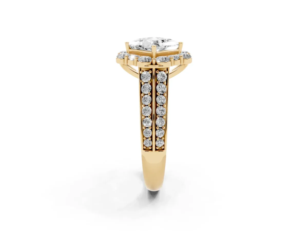 Princess Cut Halo Diamond Engagement Ring with Split Shank and Prong Setting Yellow gold