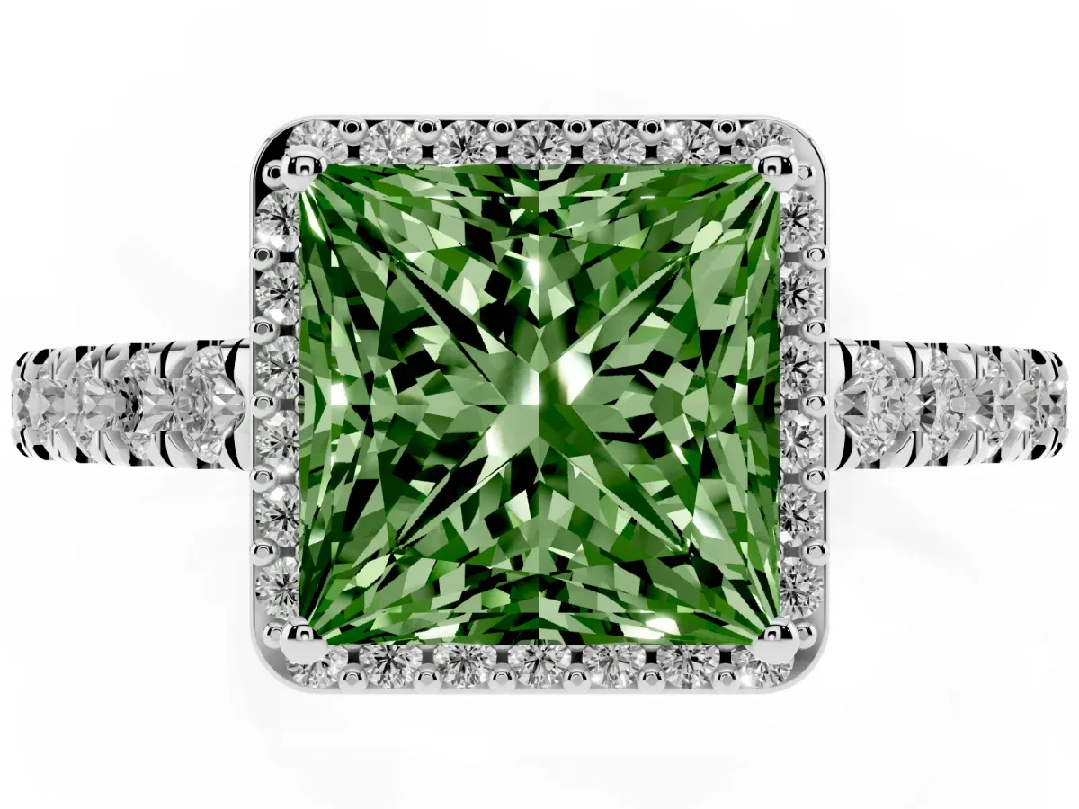 Fancy Green Princess Cut Cut Halo Diamond Engagement Ring with Pave Band and Four-Prong Setting Platinum