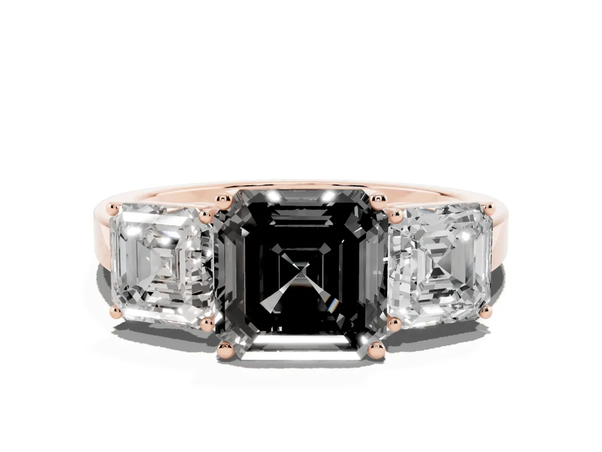Fancy Black Three-Stone Asscher Cut Cut Diamond Engagement Ring with Flat Band and Four-Prong Setting Rose gold