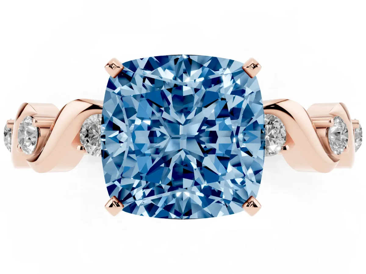 Fancy Blue Cushion Cut Diamond Solitaire Twisted Band with Round Accents and Prong Setting Rose gold