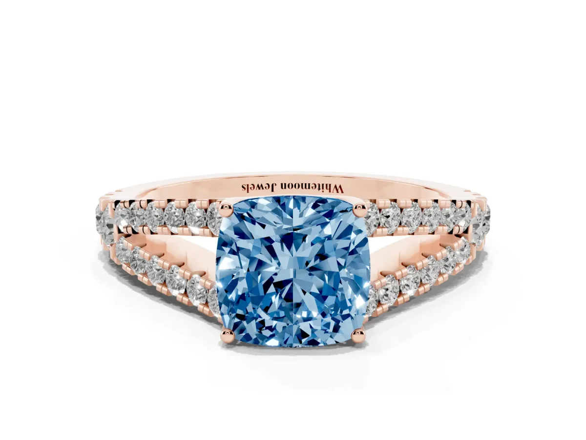 Fancy Blue Cushion Cut Diamond Split Shank Engagement Ring with Round Pavé and Prong Setting Rose gold