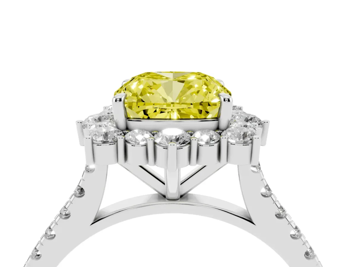 Fancy Yellow Cushion Cut Halo Diamond Ring with Pavé Band and Prong Setting Silver