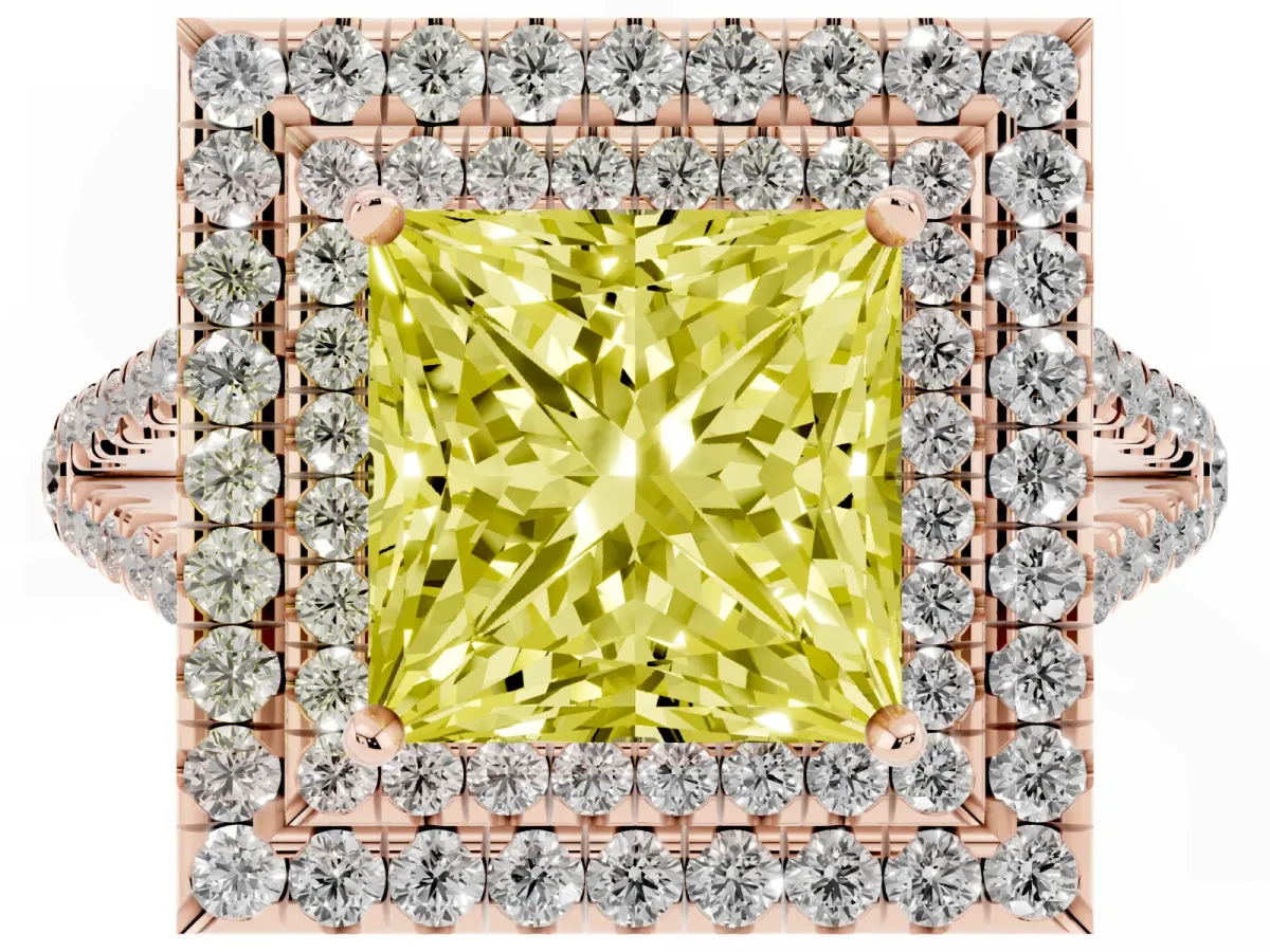 Fancy Yellow Princess Cut Diamond Double Halo Ring with Pavé Band and Prong Setting Rose gold