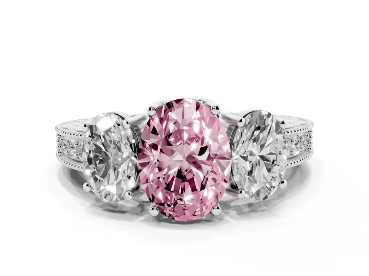 Fancy Pink Three-Stone Oval Cut Cut Milgrain Pavé Engagement Ring Silver