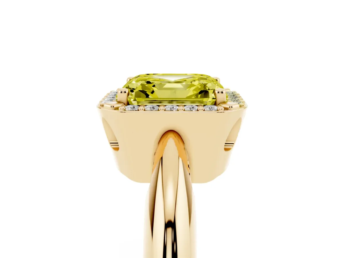 Fancy Yellow Asscher Cut Cut Diamond Halo Engagement Ring with Split Shank and Four-Prong Setting Yellow gold