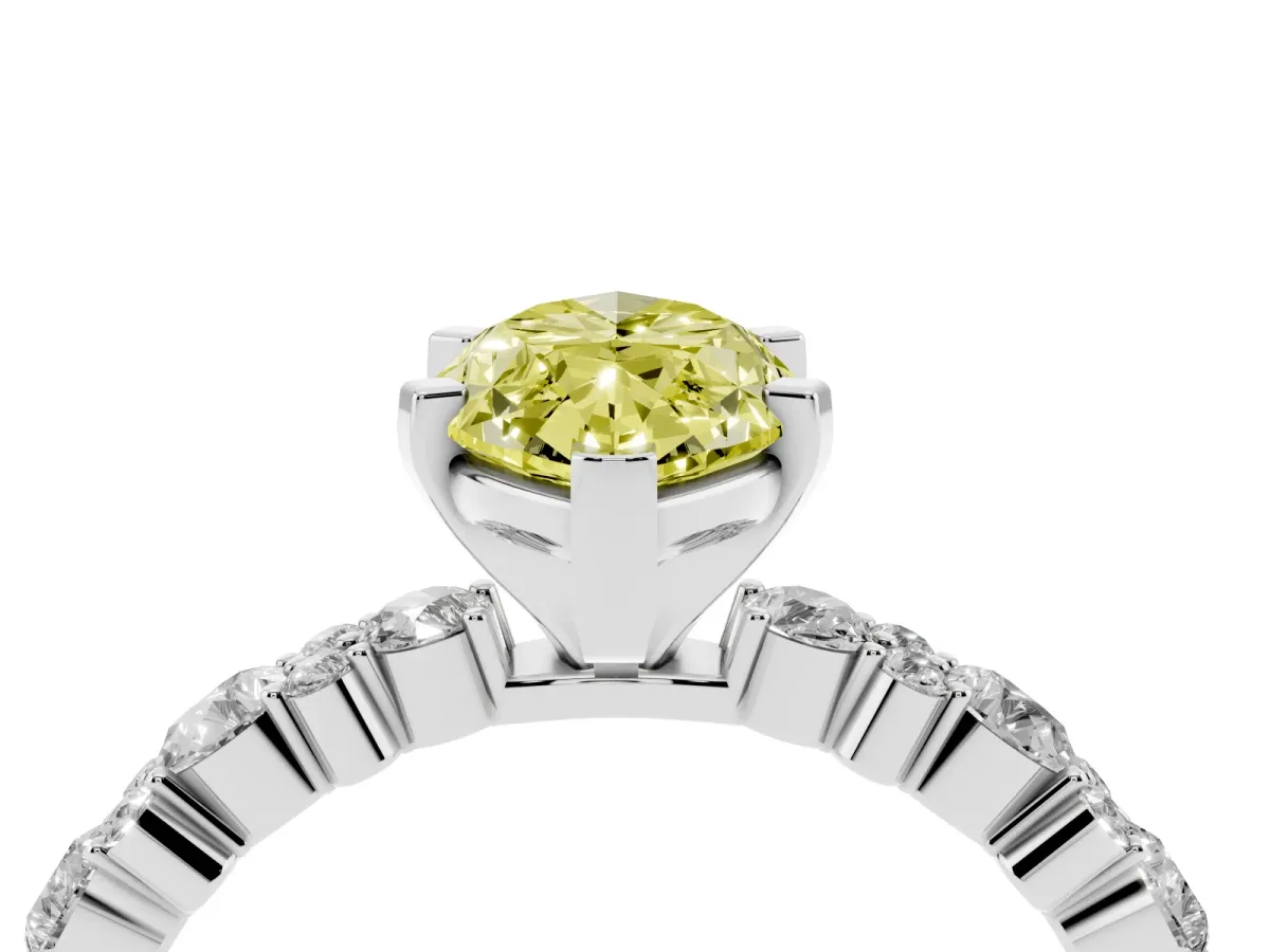 Fancy Yellow Marquise Cut Diamond Side Stone Solitaire Ring with Round and Four-Prong Setting Silver